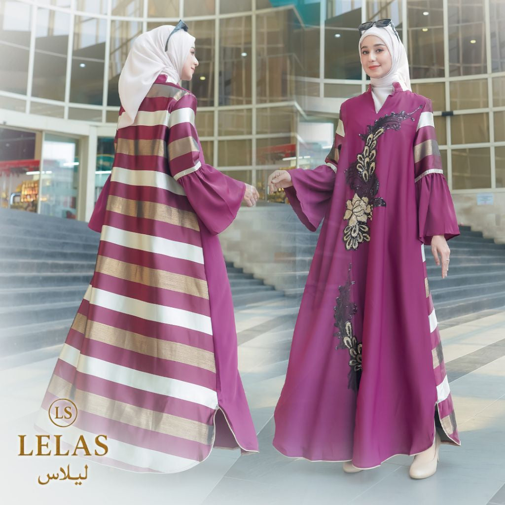 Abaya Bergaris Ungu Bersulam Elegan Dari Lelas